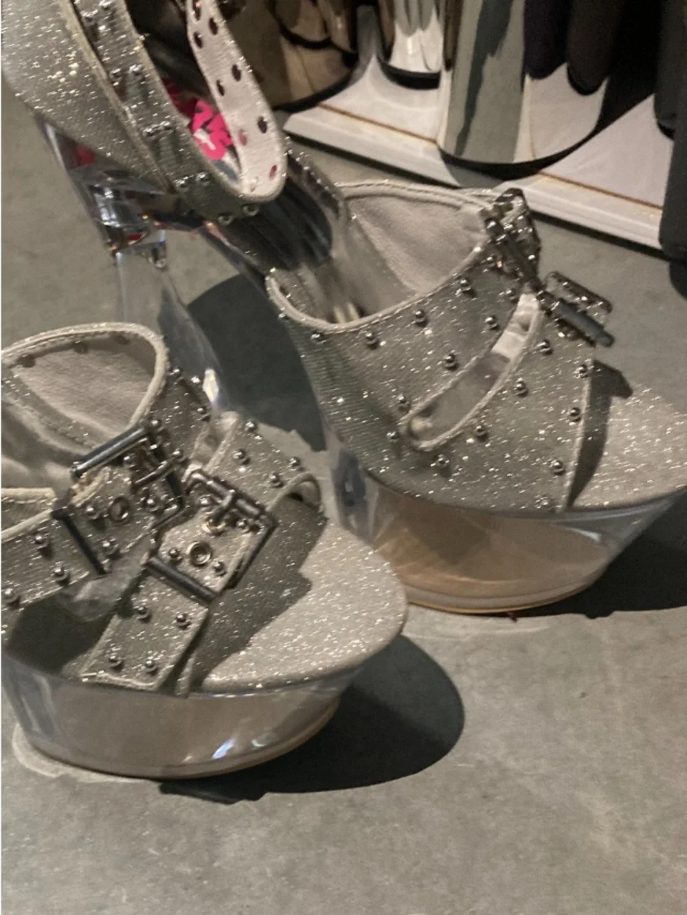 Silver Glitter Platform Sandals with Studded Straps
